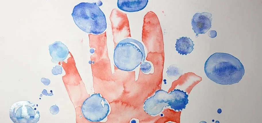 Watercolor by Nicolas Palazzo: a coral-red hand covered in blue circles on white paper
