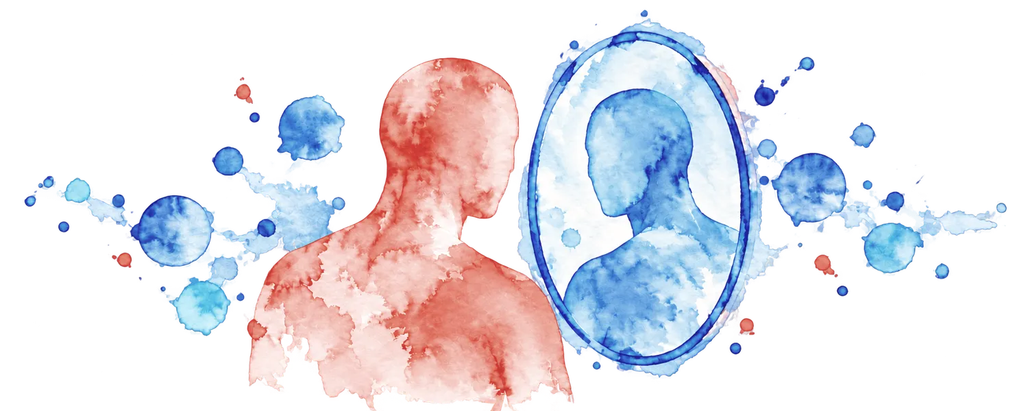 Watercolour-style illustration: a red figure facing its blue reflection in an oval mirror