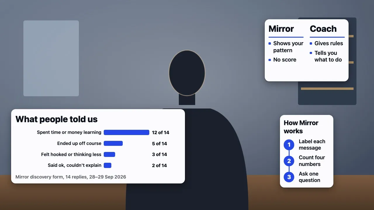 Three visuals on a video stage around a drawn silhouette: a bar chart "What people told us", a comparison "Mirror / Coach" and three steps "How Mirror works"