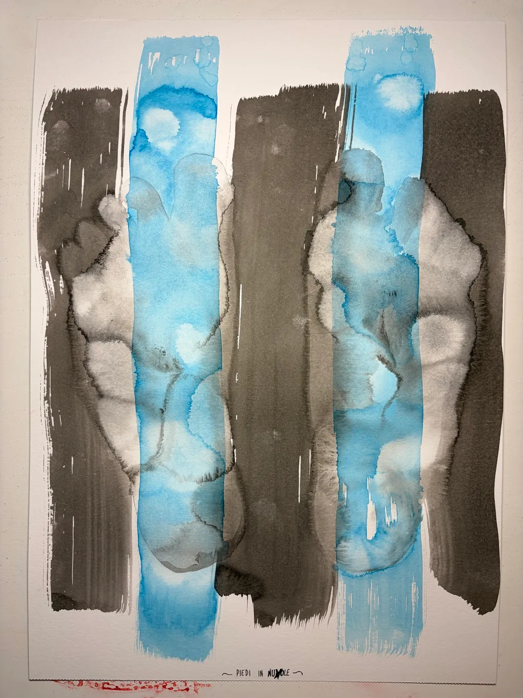 Piedi in nuvole: two black sumi ink columns and two cyan columns on white paper, with pale foot shapes running through them