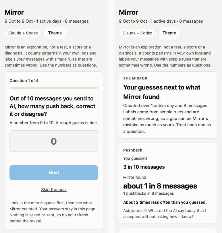 Two phone screens of the first-run quiz: question 1 of 4 asks how many of 10 messages push back, then the reveal shows the guess next to what Mirror found