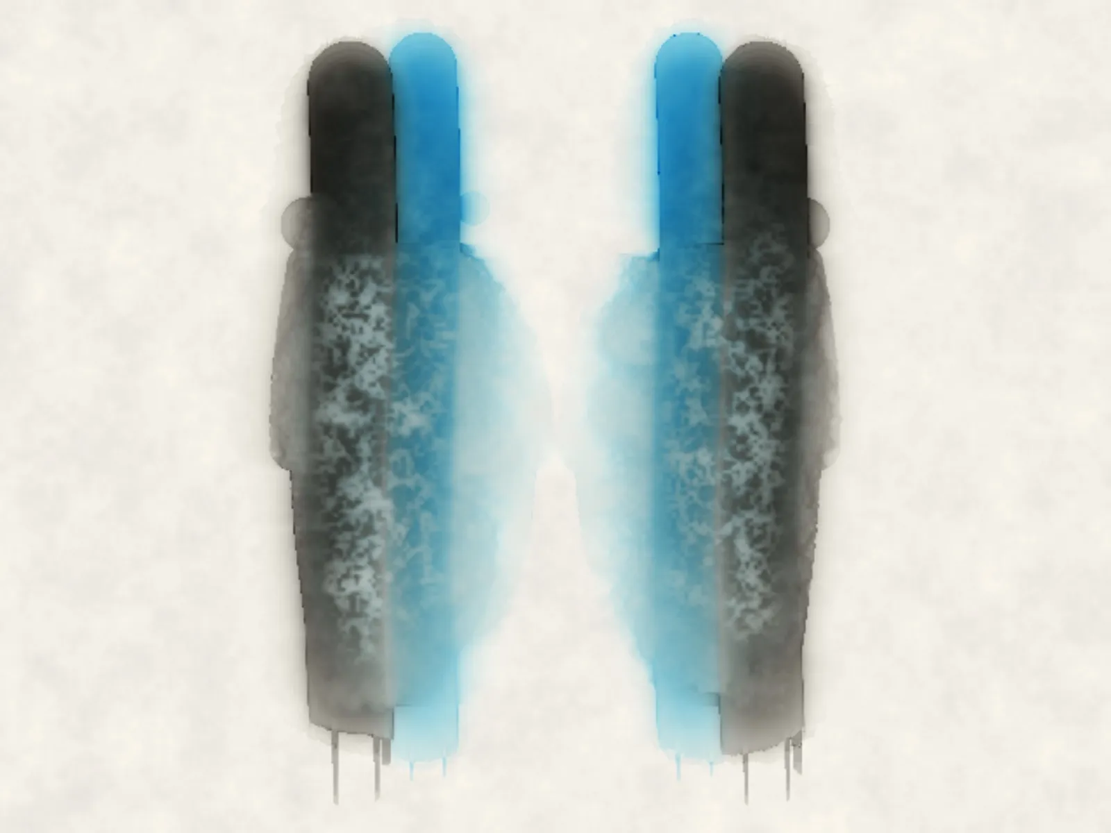 A simulation still: black and cyan vertical columns with pale, mottled shapes where water was drawn